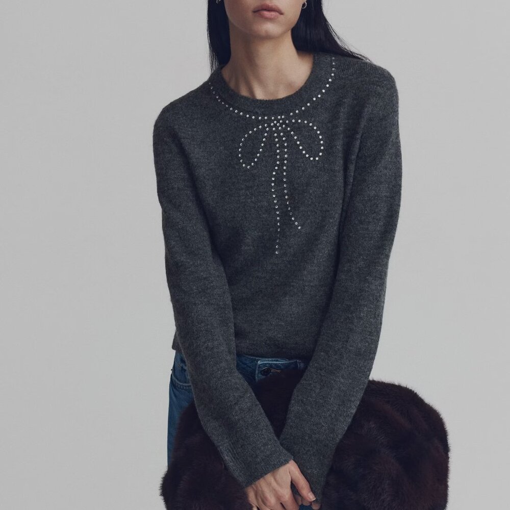Rhinestone Bow Embellished Sweater
